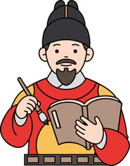 a person holding a book and a brush