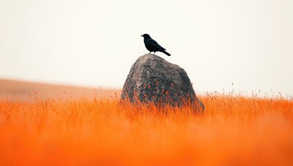 A solitary crow perched on a rock amidst an orange field