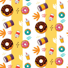 Delicious Cartoon Donut and Beverage Seamless Pattern with Sweet Treats and Refreshing Drinks