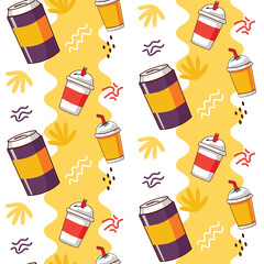 Fun Cartoon Beverage Seamless Pattern with Refreshing Drinks, Soda Cans, and Milkshakes on Wavy Background