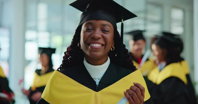University, excited and face of woman at graduation for achievement, success and education milestone. Graduate, school and portrait of girl with pride for learning, degree and celebrate at college