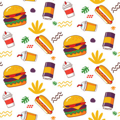 Fun Cartoon Fast Food Seamless Pattern with Hamburgers, Hot Dogs, and Refreshing Drinks