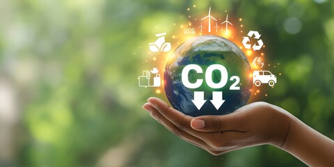 Hands gently hold a globe with co2 emissions decreasing, surrounded by renewable energy and recycling icons against a lush green background