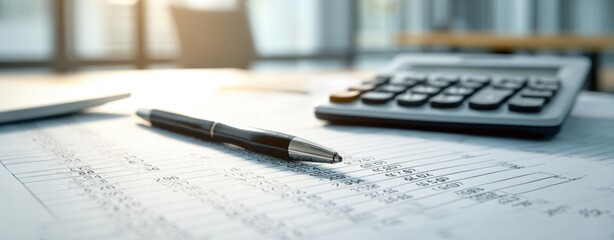 The calculator and pen on financial documents in a modern office setting.