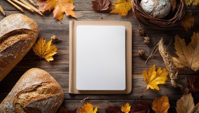 Autumnal bread and notebook on rustic wood