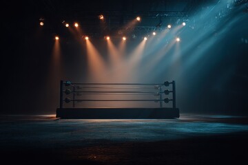 A dramatic wrestling ring under vibrant spotlights, ready for a high-energy match, capturing the anticipation and intensity of the sport.
