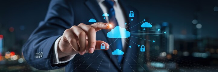 Businessperson interacting with a digital cloud network.