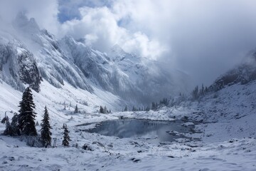 a snowy mountain range with a lake surrounded by snow covered mountains in the foreground and a cloudy sky in the background, with a few clouds in the foreground.