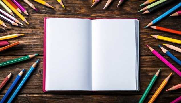Open notebook surrounded by colorful pencils on a wooden table