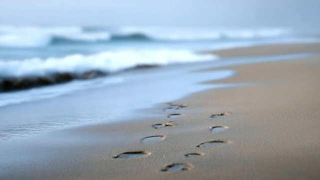 Barefoot footsteps on a rainy beach with gentle waves