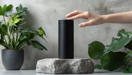 A woman's hand gently touches a black cylindrical tumbler, placed on a stone pedestal amidst lush greenery