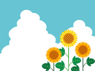 青空に入道雲とひまわりのある風景イラスト