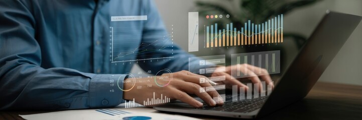Person working on a laptop with overlaid data visualizations.