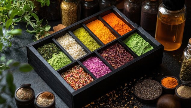 Colorful spice box with various powders and grains