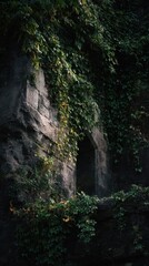 Ancient ruined castle wall with overgrown ivy and moody lighting.