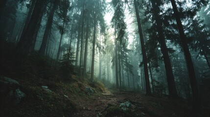 Fototapeta premium Atmospheric misty forest with tall trees and soft filtered light.