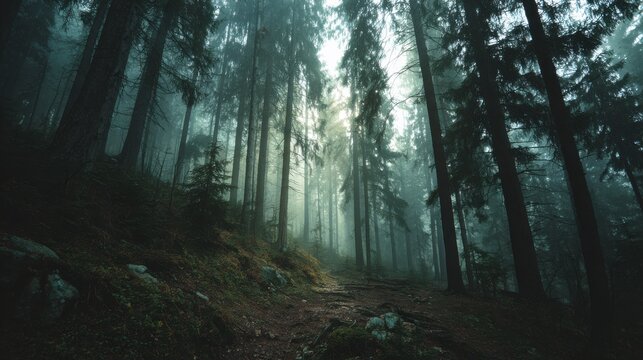 Atmospheric misty forest with tall trees and soft filtered light.