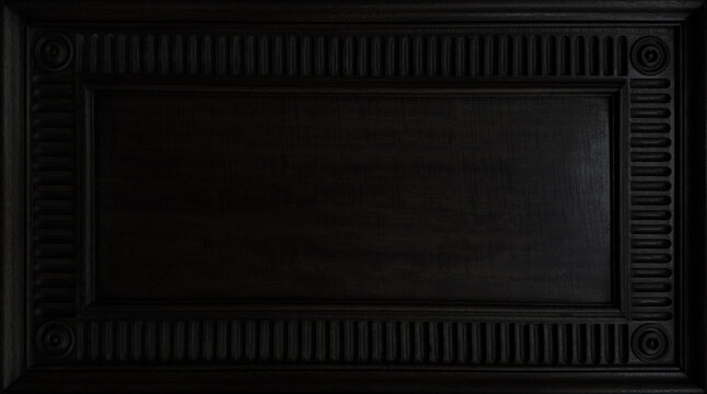 Elegant Black Wooden Panel with Classic Embossed Frame Detail. Wood Texture Background with copy-space.