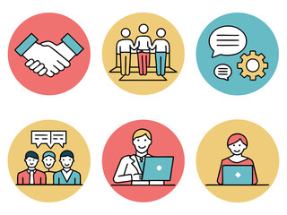 Colorful business icons representing teamwork, communication, and collaboration within a company.