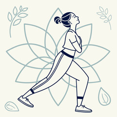 A stylized illustration of a woman performing a yoga or stretching pose, surrounded by floral and leaf-like design elements.