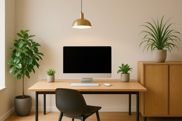 Modern desk setup with computer and plants keyboard mouse