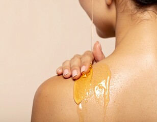 Woman applying nourishing oil to her skin using a glass eye dropper. 