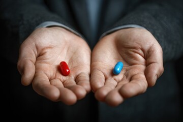Choosing a path The red pill of truth versus the blue pill of blissful ignorance held in open palms.