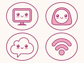 Four cute pink icons depicting a computer, head covering, cloud, and Wi-Fi symbol, set within white circles.