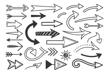 Black Hand-Drawn Arrows Set in Sketch Style Featuring Circular, Zigzag, and Curved Icons. Vector Format Perfect for UI Navigation, Infographics, and Presentation Graphics.

