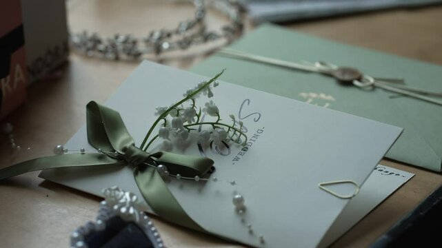 closeup of wedding card decorated with ribbon pearl string and flowers