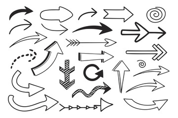 Hand-Drawn Arrows in Doodle Sketch Style Featuring Black Vector Icons with Circular, Swirled, and Zigzag Lines for Navigation UI, Infographics, and Presentation Designs.

