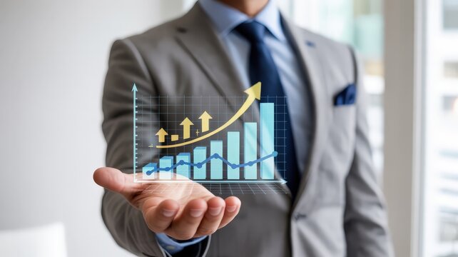 A person in a suit displays a projected business graph. - Powered by Adobe