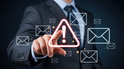 Hand pointing to a warning sign over email icons.