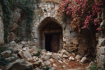 Crumbling ancient fortress entrance with fallen stones and creeping vines.