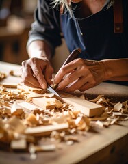 Craftsman hands carving wood with traditional tools in a workshop