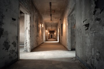 Fototapeta premium Dark corridor of an abandoned hospital with peeling walls and flickering lights.