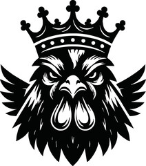 silhouette angry rooster head with crown vector logo isolated on white background