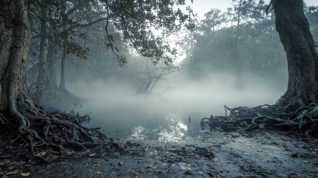 Dark moody misty swamp with twisted roots and fog.