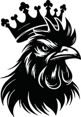silhouette angry rooster head with crown vector logo isolated on white background