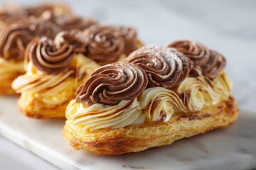 Fototapeta premium Delicious Chocolate Cream Filled Pastry with Swirls of Frosting on a Marble Surface.