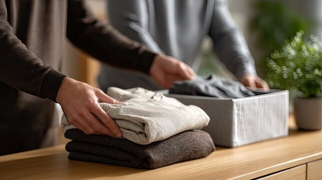 Men folding clothes, organizing closet, home, sunlight