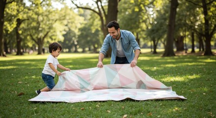 Father and son preparing colorful striped picnic blanket in park. Blue shirt, white t-shirt, green grass with trees background. Summer outdoor family activity concept