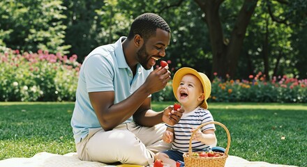 African American Father Sharing Strawberries with Todder Son in Garden. Light Blue Shirt, Yellow Hat, Striped Outfit, Wicker Basket. Summer Family Dining