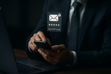 OTP code, two-factor authentication, secure login, cybersecurity, businessman with smartphone, mobile verification, email security, login authentication, 