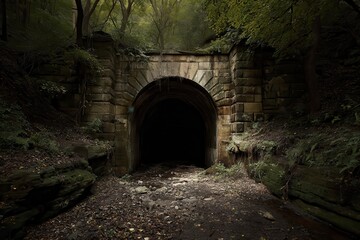 Obraz premium Dilapidated tunnel entrance with darkness swallowing all light.