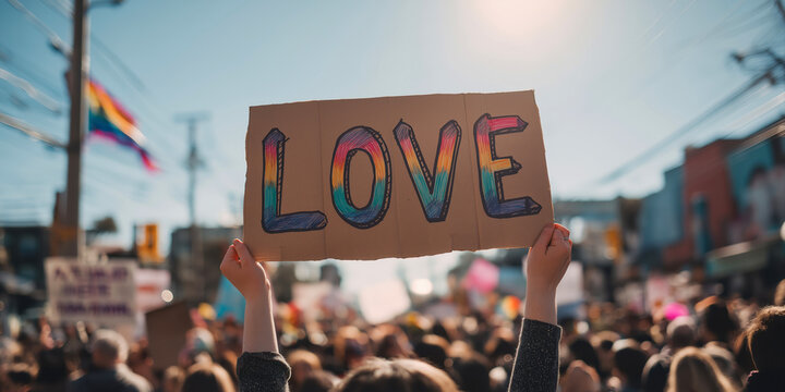 Group of non-binary and LGBTQ+ activists holding signs, diverse street scene - Powered by Adobe