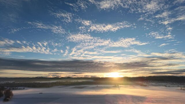 Drone shots by dji air 3s. Swiss winter wonderland sunrise.