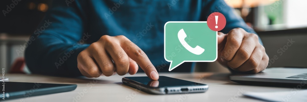 Wall mural person interacting with a smartphone displaying a phone call notification.