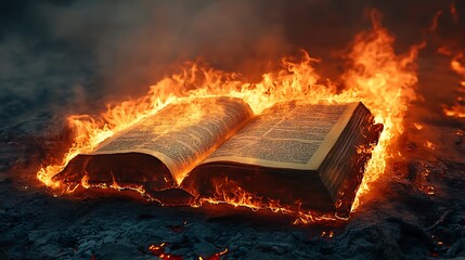 Burning Book Flames with Symbol of Censorship, Destruction of Knowledge, and Rebellion.