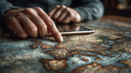 Serious person analyzing global northern region map on digital tablet, overlay composition symbolizes climate awareness, environmental monitoring, data analysis and modern technology concepts
